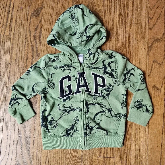 Gap green dinosaur hoodie with full zipper boys size 2T - Picture 1 of 3